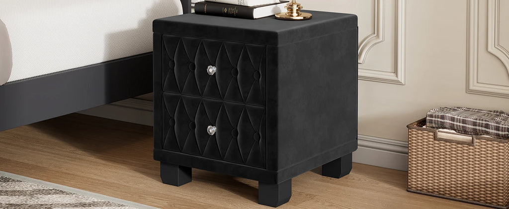 Elegant Luxury Modern Velvet Bedroom Nightstand 2 Drawers Crystal Handle Button-Tufted Pink Panel Design Durable Home Furniture
