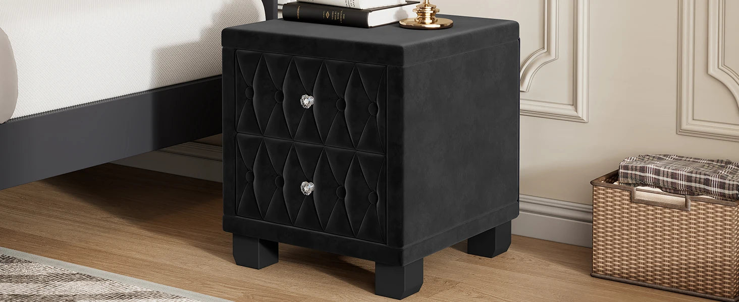 Elegant Luxury Modern Velvet Bedroom Nightstand 2 Drawers Crystal Handle Button-Tufted Pink Panel Design Durable Home Furniture