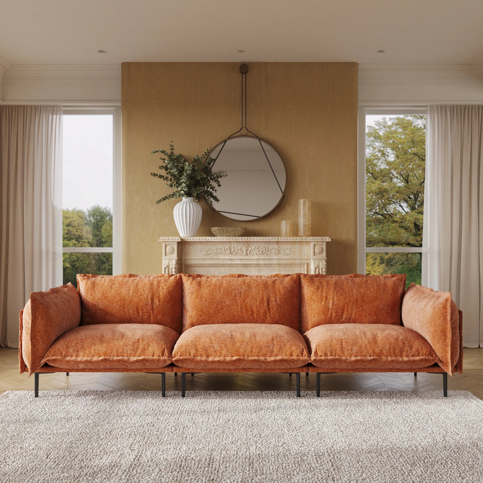 VOXHOME US Drop Shipping Modern Apartment Living Room Furniture 2 3 4 5 Seater Orange Velvet Modular Sectional Couch Sofa Set