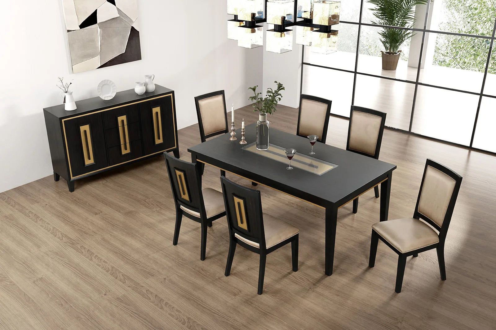 7pc Modern Dining Set with Espresso Dining Table and Glass Insert Top 6 Chairs-Wooden Hotel Apartment Dining Room Furniture