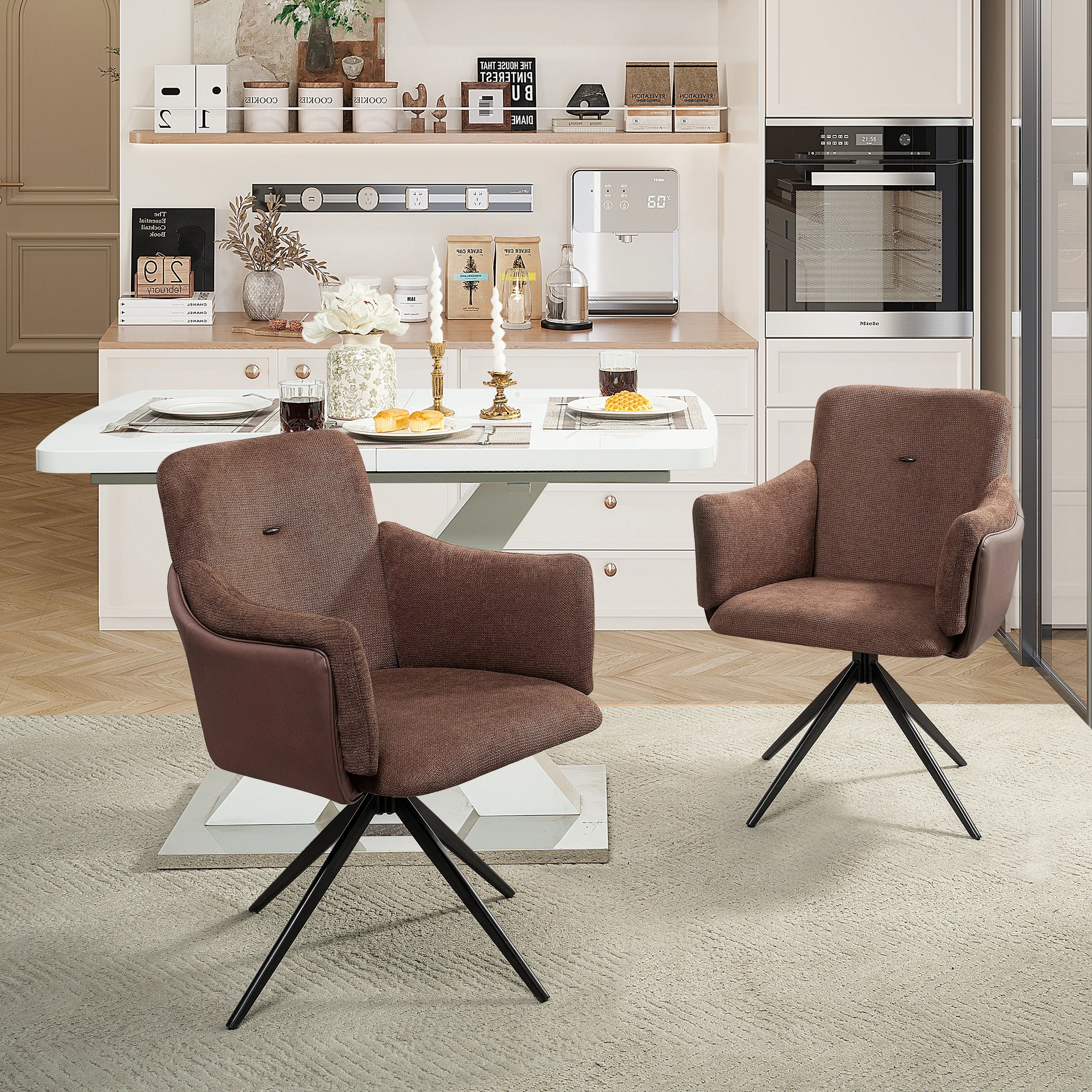 Modern 360 Swivel Home Office Desk Chairs Set of 2 Dining Chairs with Arm Upholstered Bedroom Chairs Metal Base Eco-Friendly
