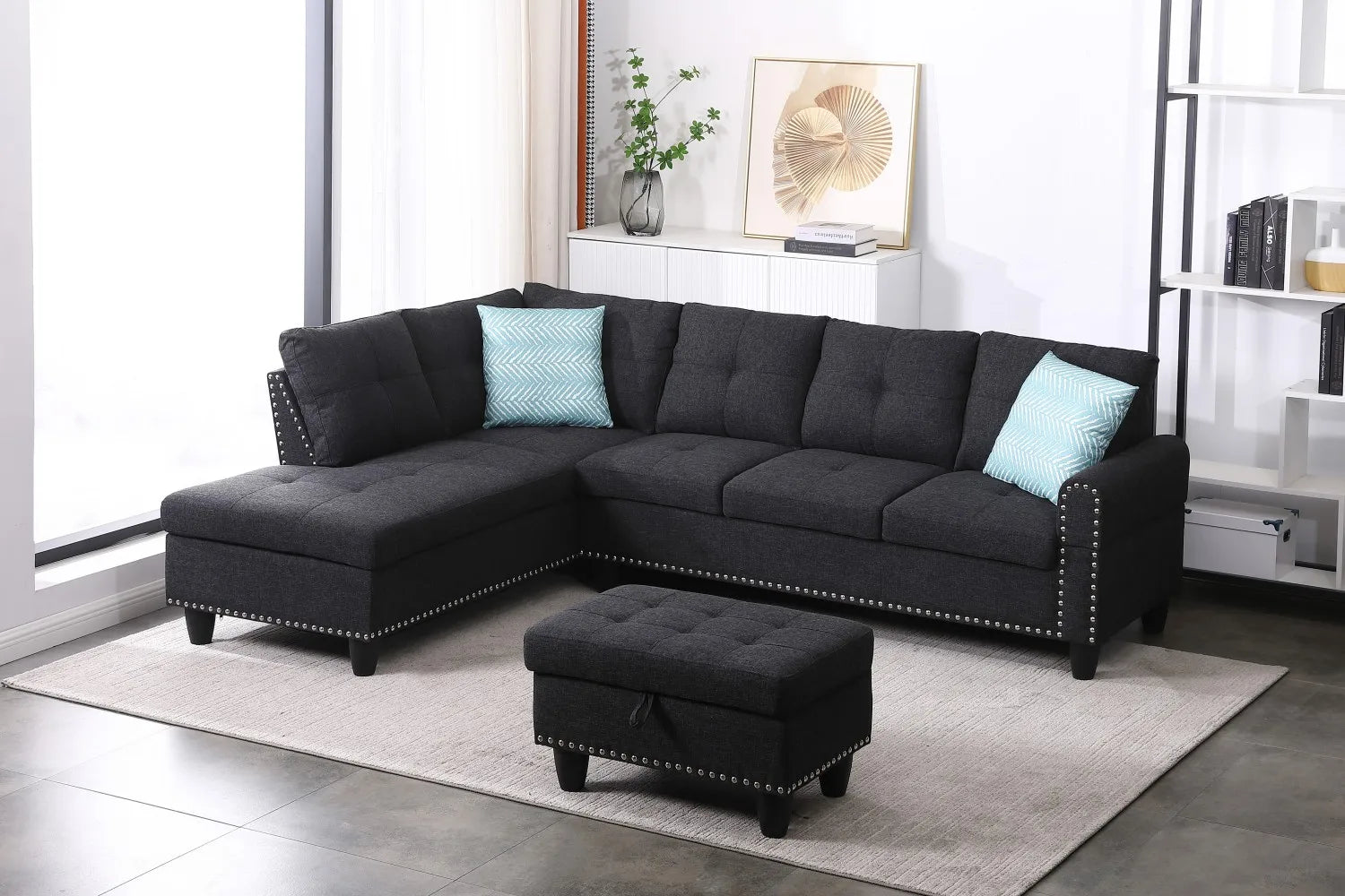 98" Wide Three Seat Left Hand Facing L-Shaped Corner Sectional Sofa Storage Ottoman Eco-Friendly Durable Linen Upholstery Sofa