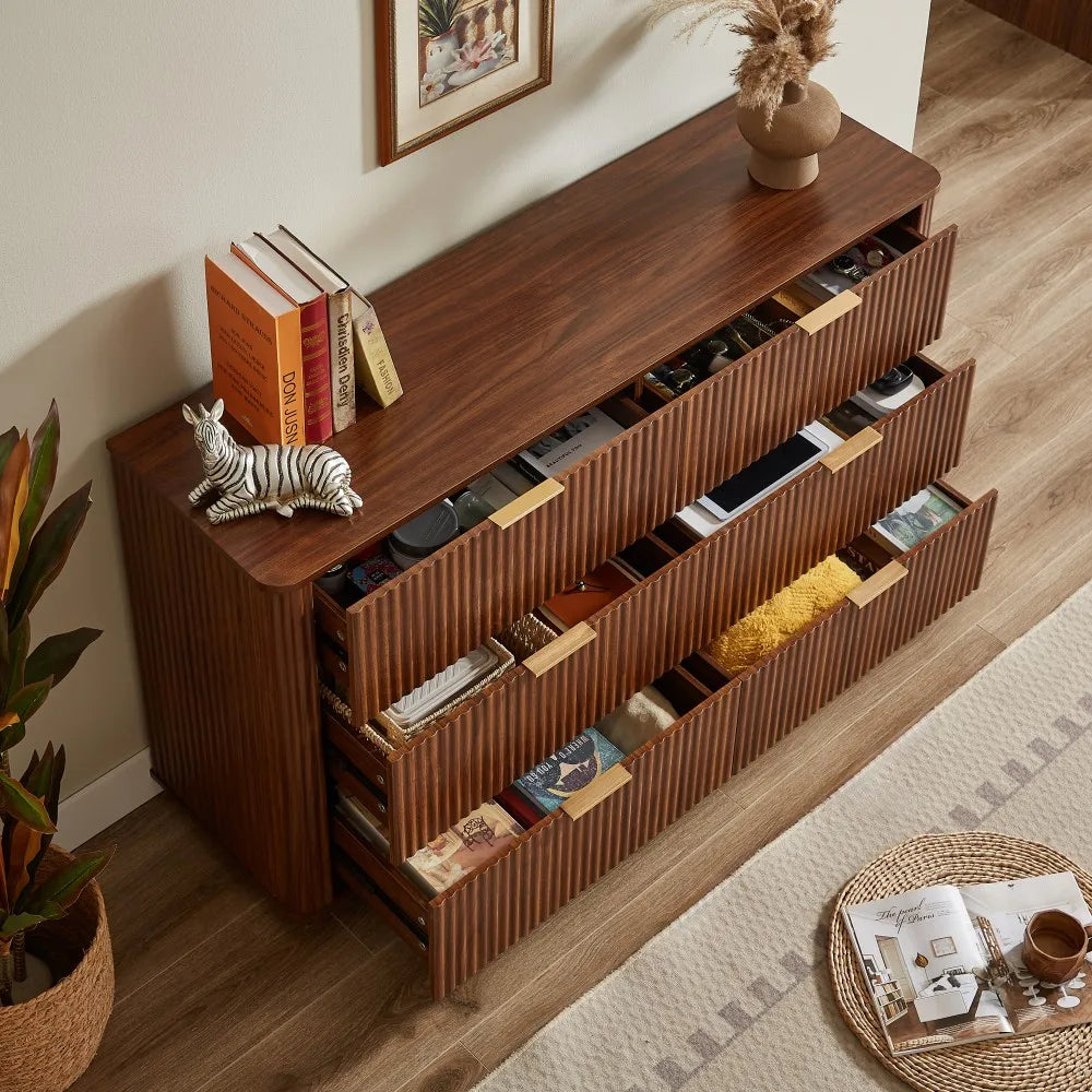 6-Drawer Modern Solid Wood Dresser with Curved Wave Design 55" Wide TV Stand for Bedroom Living Room & Hallway-Oak
