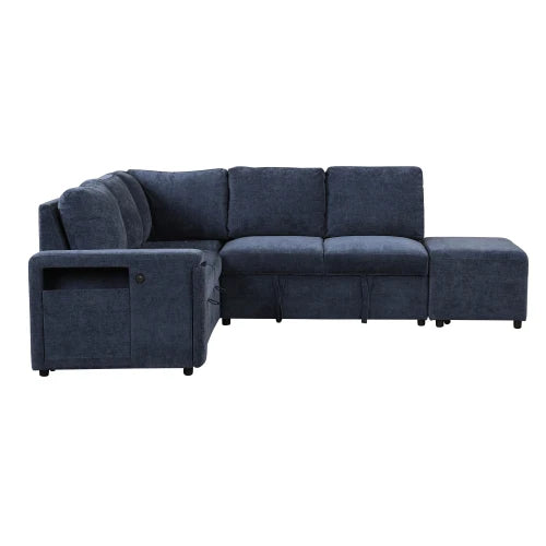 OE HOME Modern L-shaped Chenille Padded Modular Sofa with Storage USB Ports & Cup Holders for Living Rooms