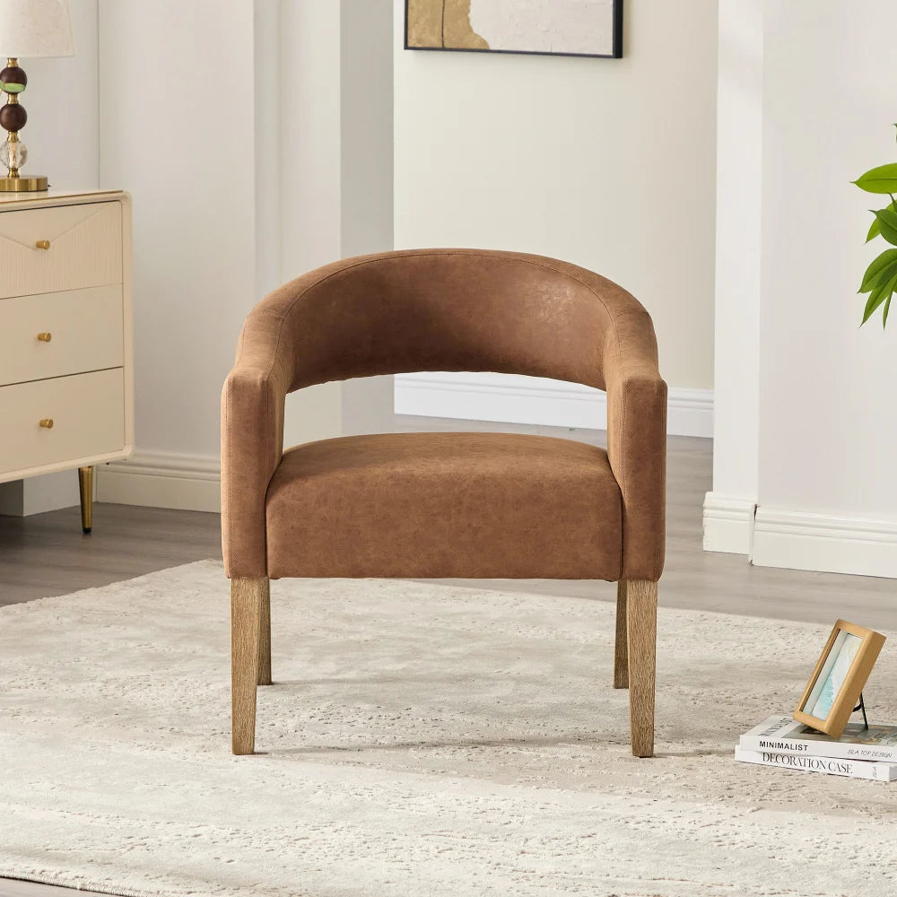 M Modern PU Leather Dinning Chair Barrel Open Back Upholstered Solid Wood Legs Salon Accent Chair