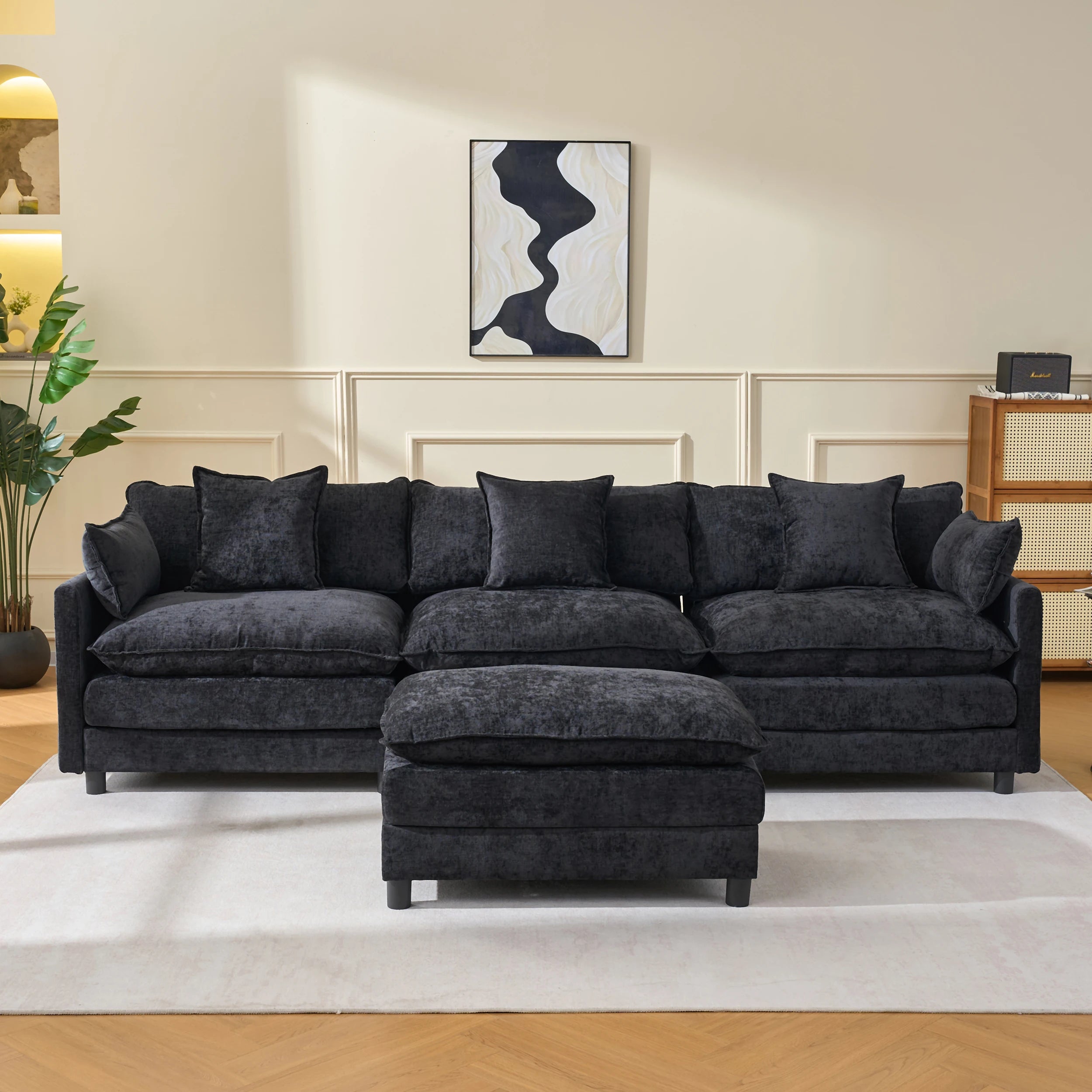Black Chenille Fabric L-Shaped Modern Convertible Modular Sectional Sofa Three Seat Soft Pillow Ottoman for Apartment Living