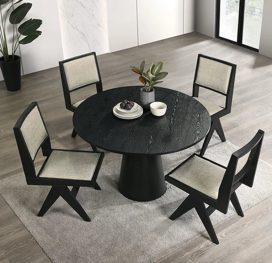 5pc Black Wooden Dining Set with Gray Upholstery Tempered Wood Top Table Chairs 48" Round Apartment-Friendly