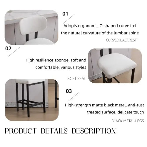 Bar Stools Set of 2, 26 Inch Modern Upholstered Fabric Counter Height Barstools, Kitchen Island Chairs with Black Metal Legs