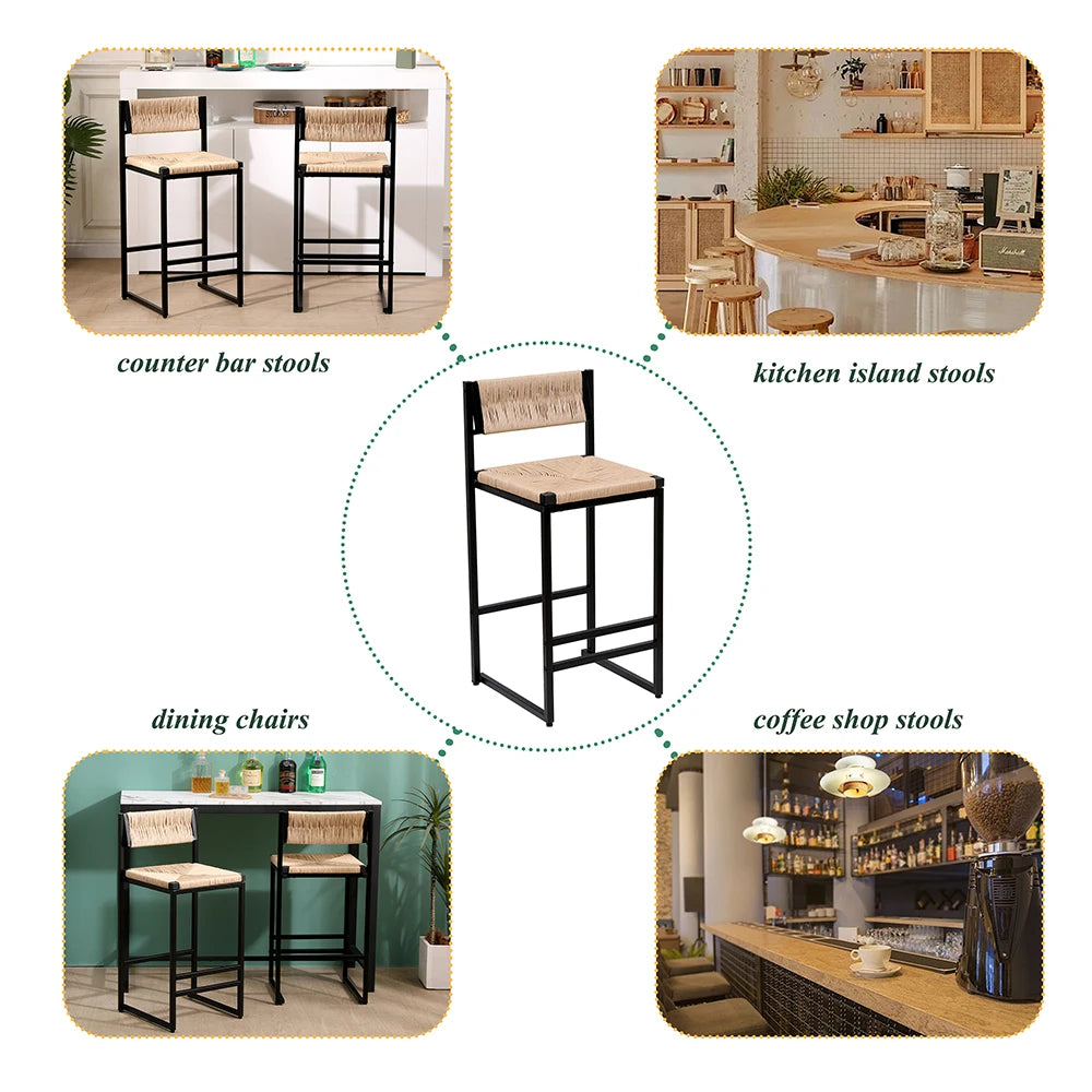 Honey Bar Stools Set of 2 Paper Rope Weave Dining Chairs with Back Hand Weave Stools for Kichen Island