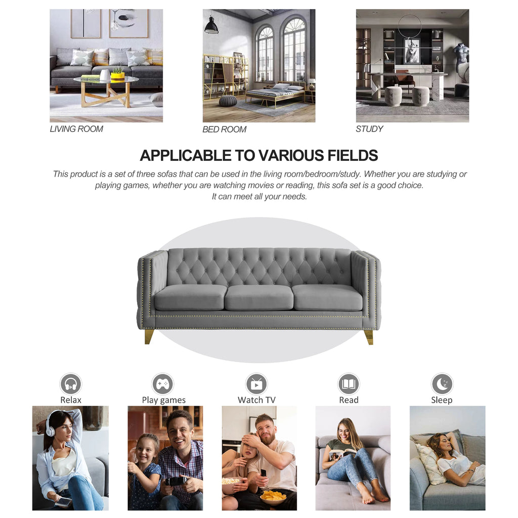 Velvet Sofa Set for Living Room Buttons Tufted Square Arm Modular Couch Modern Upholstered with Wood Legs