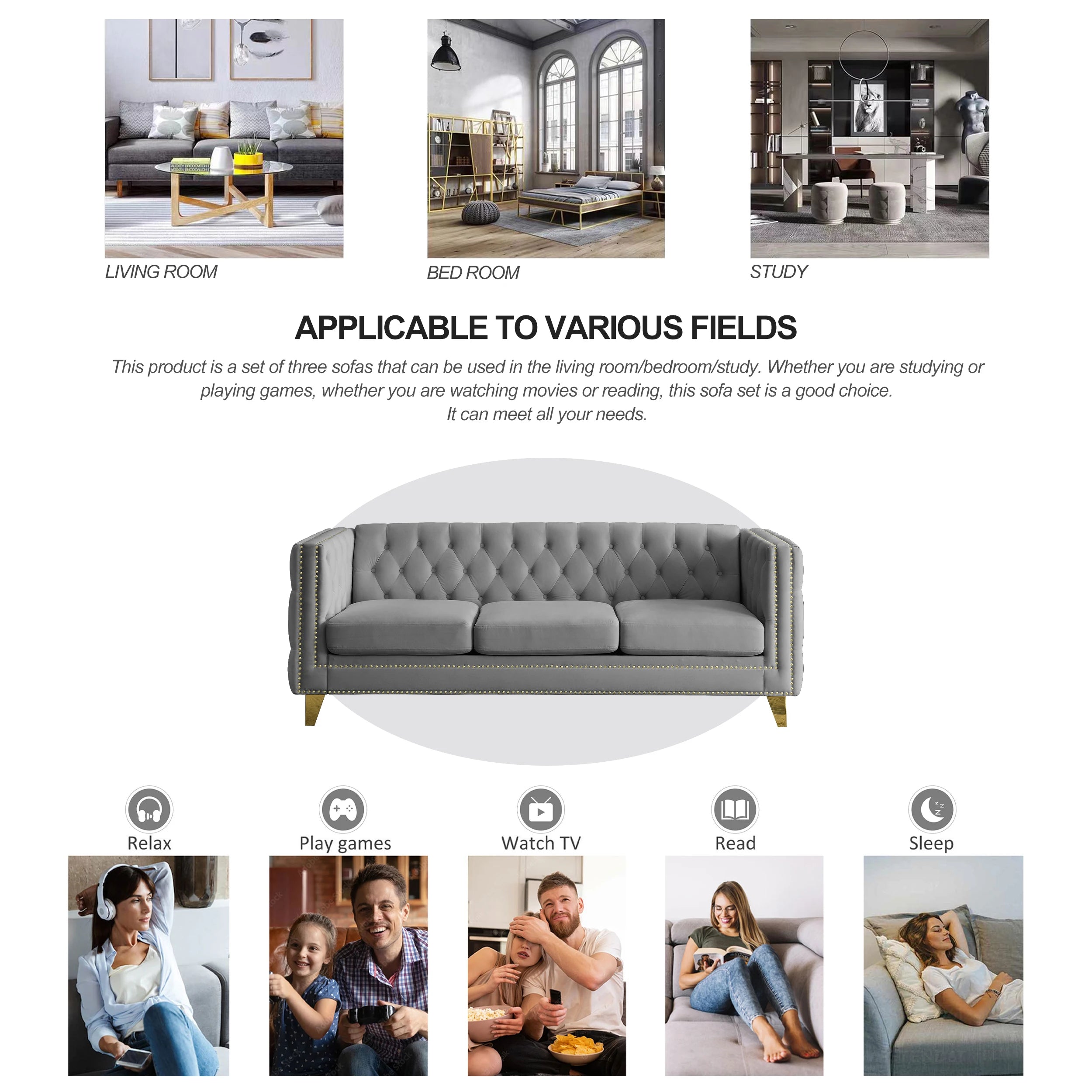 Velvet Sofa Set for Living Room Buttons Tufted Square Arm Modular Couch Modern Upholstered with Wood Legs