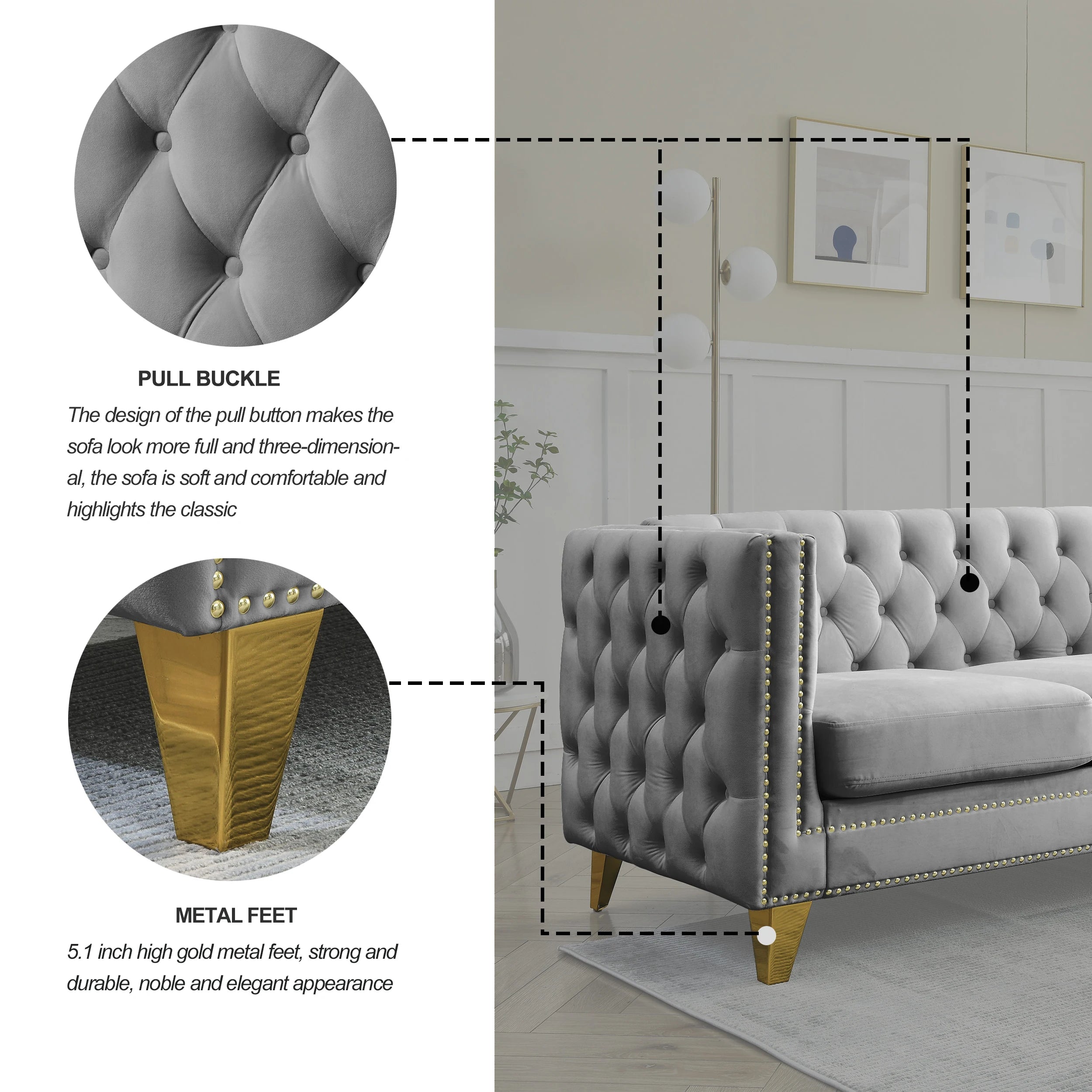 Velvet Sofa Set for Living Room Buttons Tufted Square Arm Modular Couch Modern Upholstered with Wood Legs
