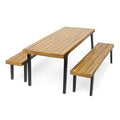 Modern Outdoor Dining Table and Benches Set with Light Teak + Wood