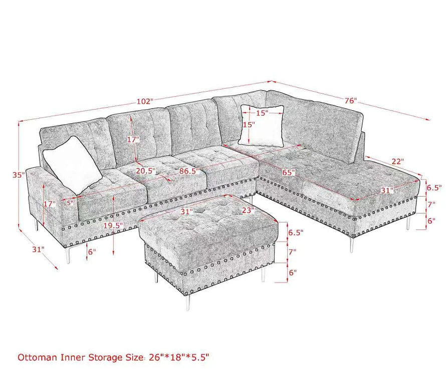 Chenille Sectional 3-Seaters Sofa Set with Chaise Storage Ottoman Metal Legs and Copper Nails Two White Pillows for Apartment