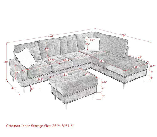 Chenille Sectional 3-Seaters Sofa Set with Chaise Storage Ottoman Metal Legs and Copper Nails Two White Pillows for Apartment