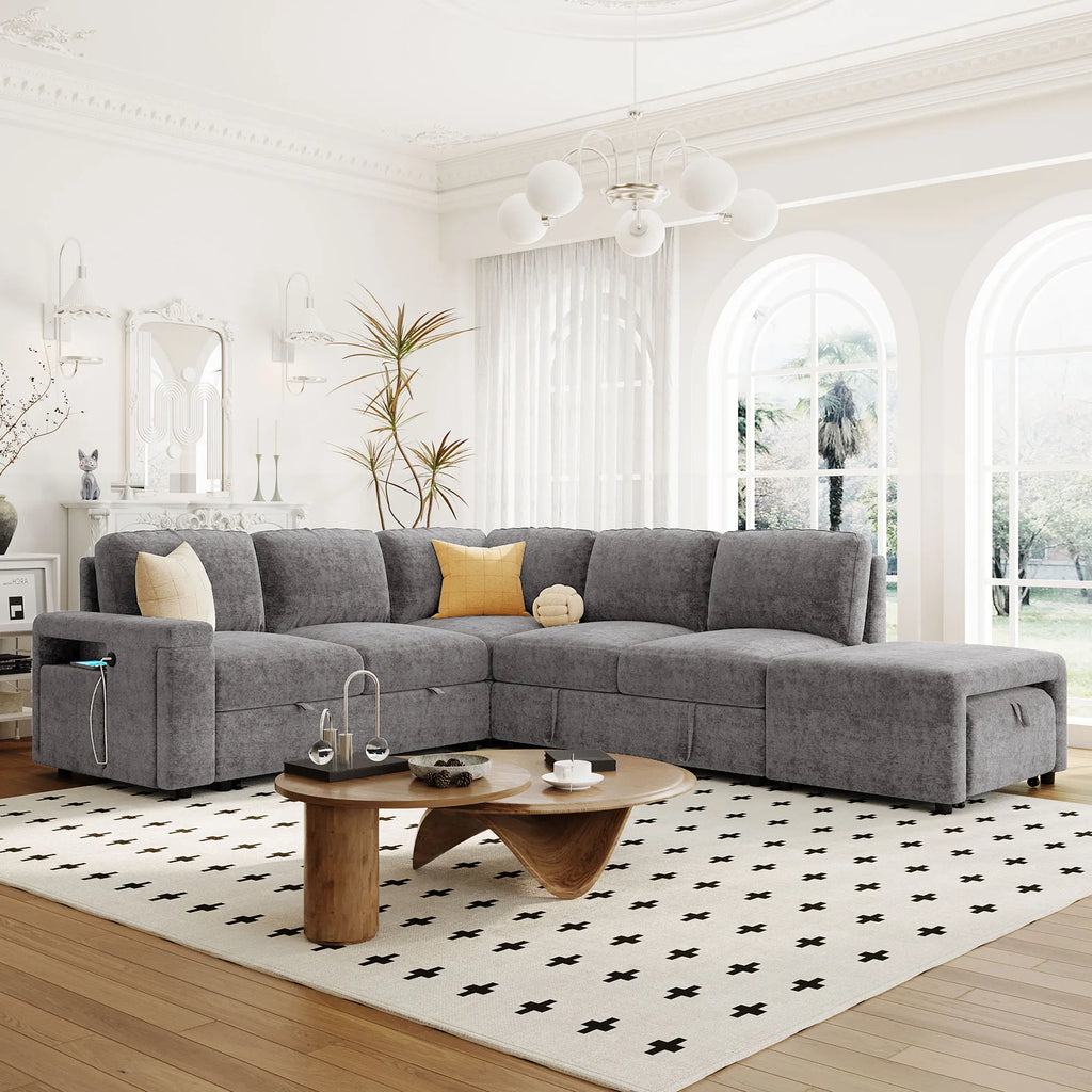 OE HOME Modern L-shaped Chenille Padded Modular Sofa with Storage USB Ports & Cup Holders for Living Rooms