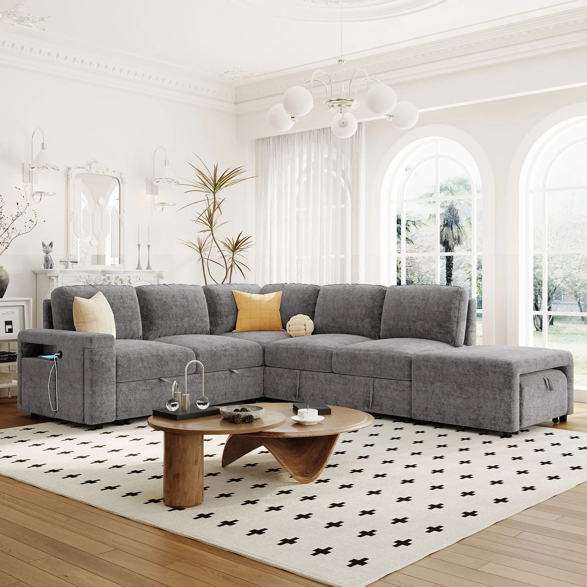 OE HOME Modern L-shaped Chenille Padded Modular Sofa with Storage USB Ports & Cup Holders for Living Rooms
