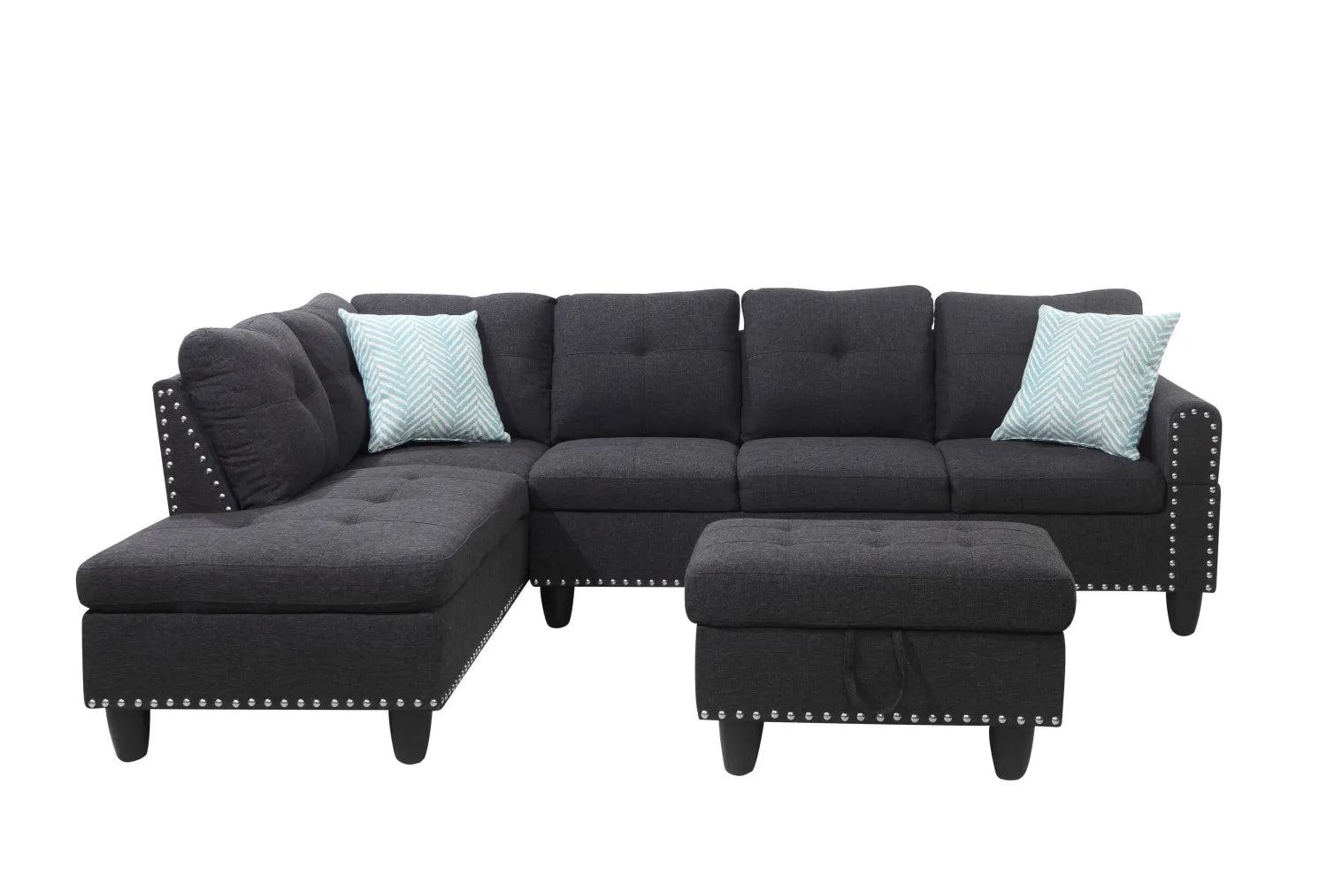98" Wide Three Seat Left Hand Facing L-Shaped Corner Sectional Sofa Storage Ottoman Eco-Friendly Durable Linen Upholstery Sofa