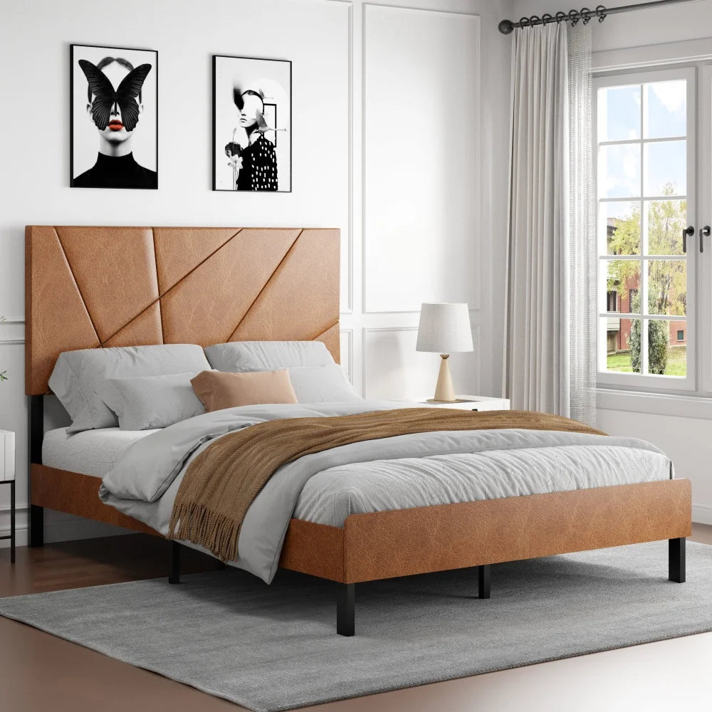 M Modern Full Size Bed Frame Metal Square Platform Home Furniture for General Use Hotel Frame Brown
