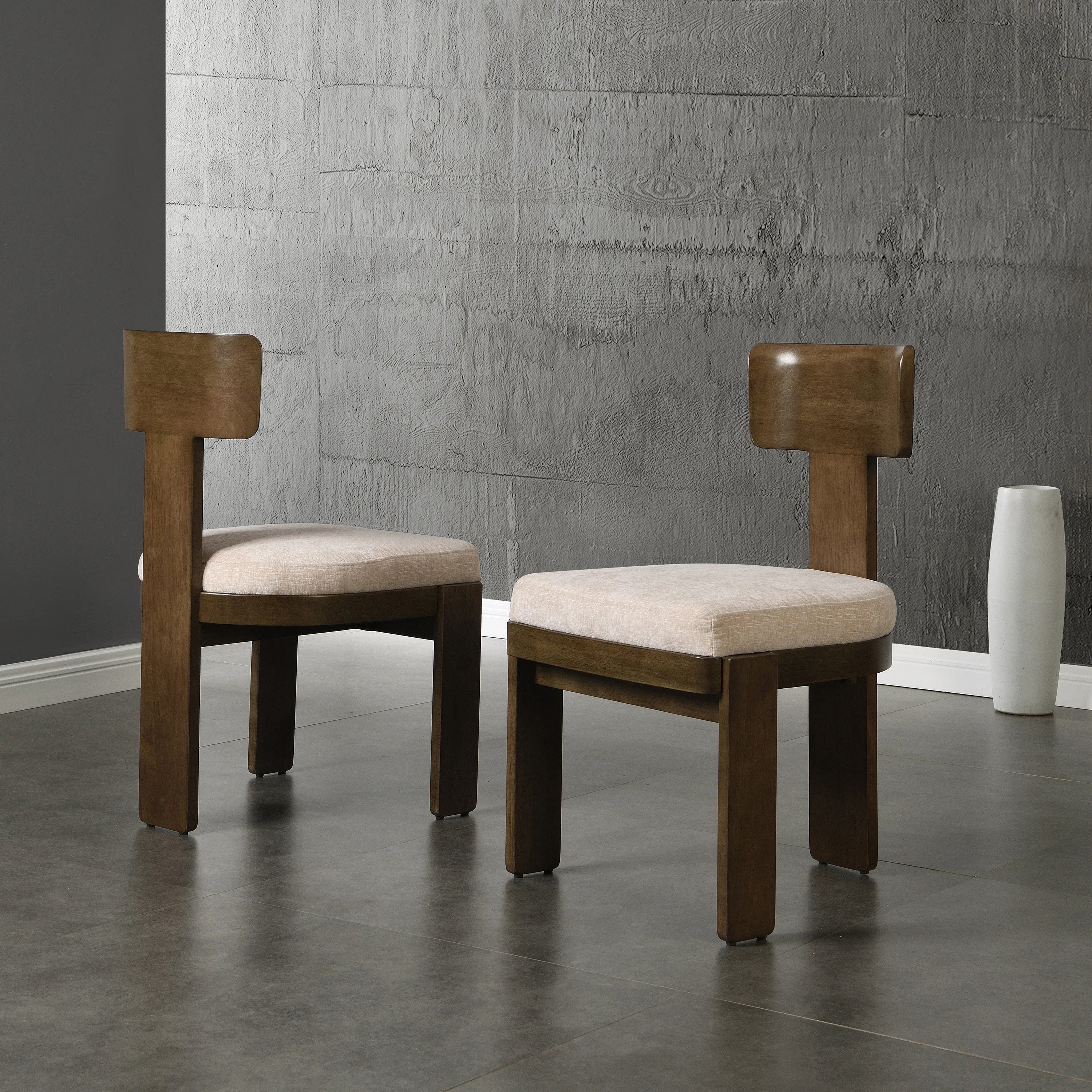 Modern Apartment Upholstered Dining Chairs Set of 2 Fabric Side Chairs with Beige Seating Light Brown Solid Rubber Wood Legs