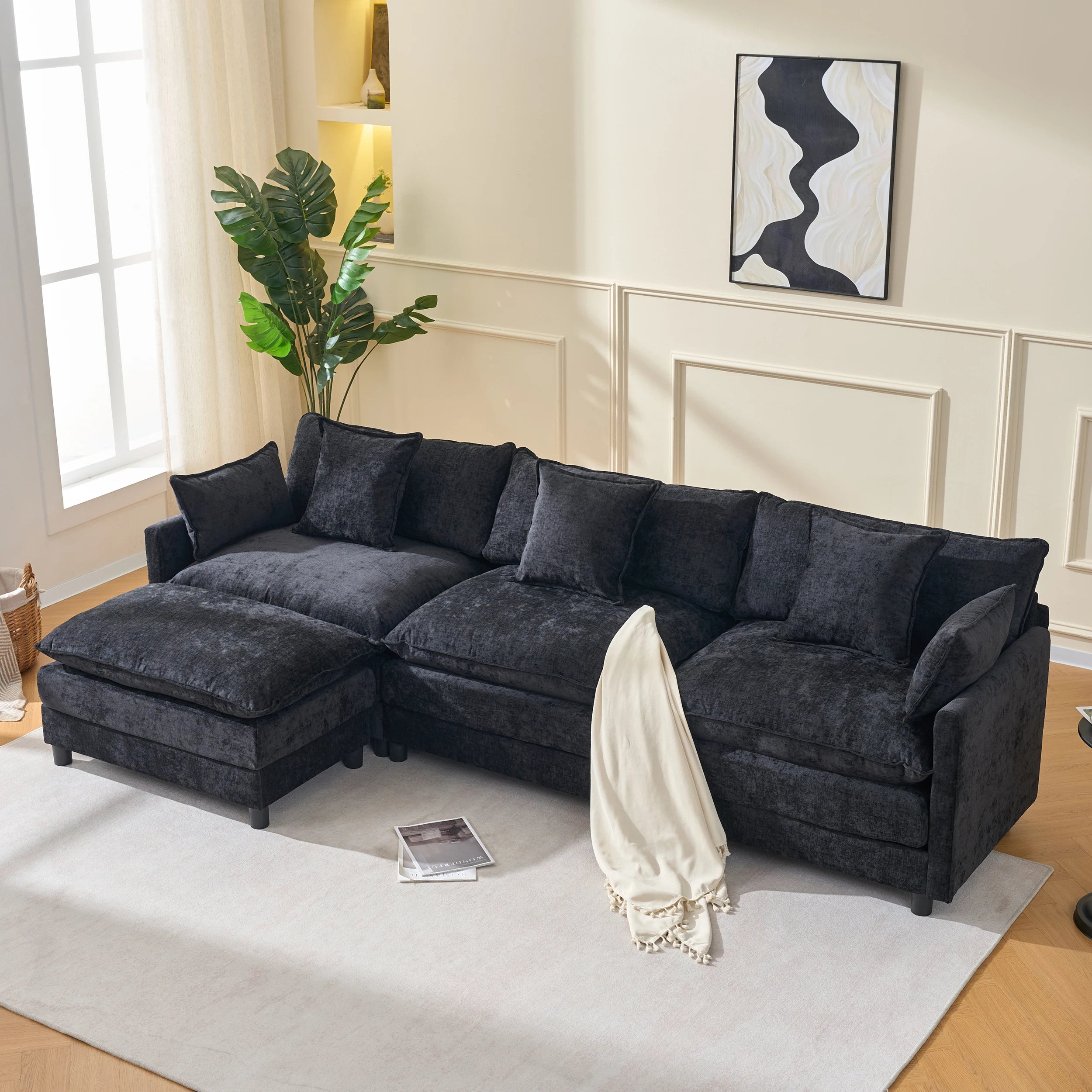 Black Chenille Fabric L-Shaped Modern Convertible Modular Sectional Sofa Three Seat Soft Pillow Ottoman for Apartment Living