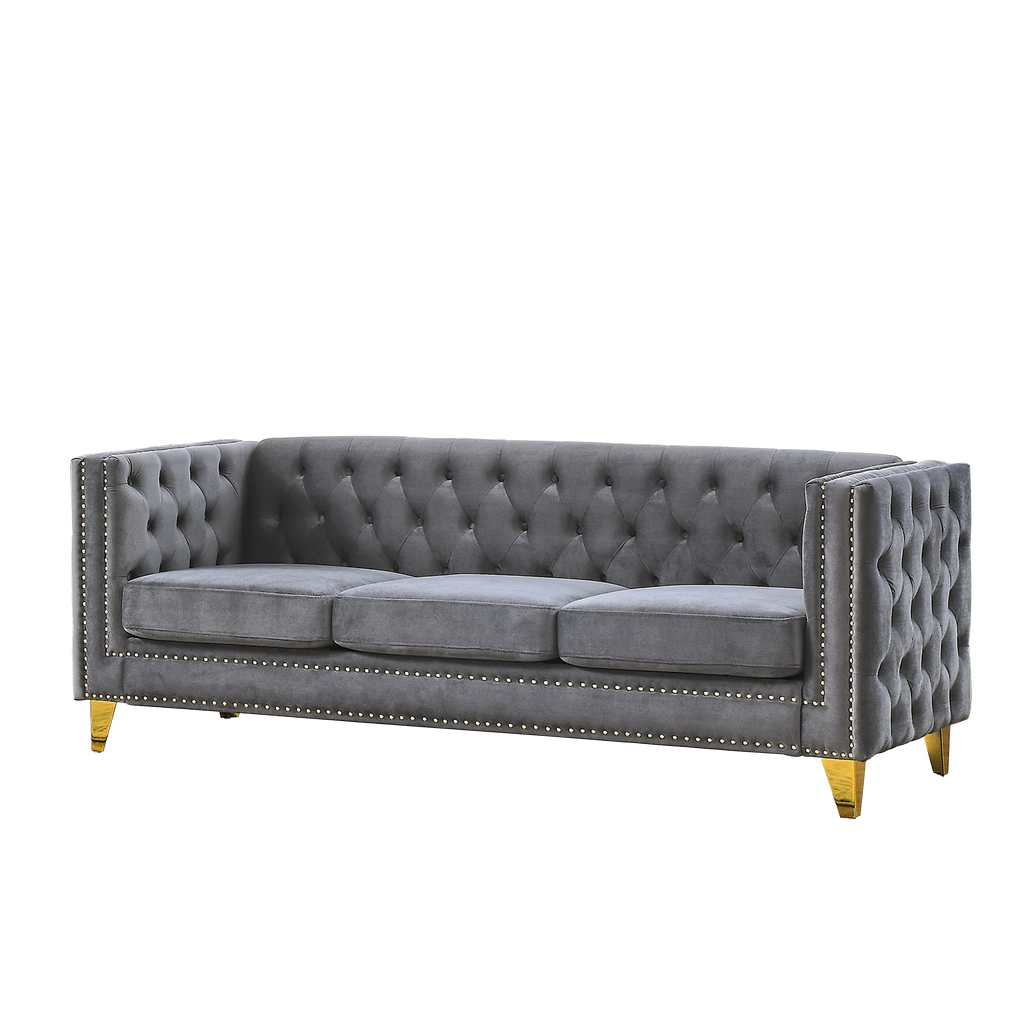Velvet Sofa Set for Living Room Buttons Tufted Square Arm Modular Couch Modern Upholstered with Wood Legs