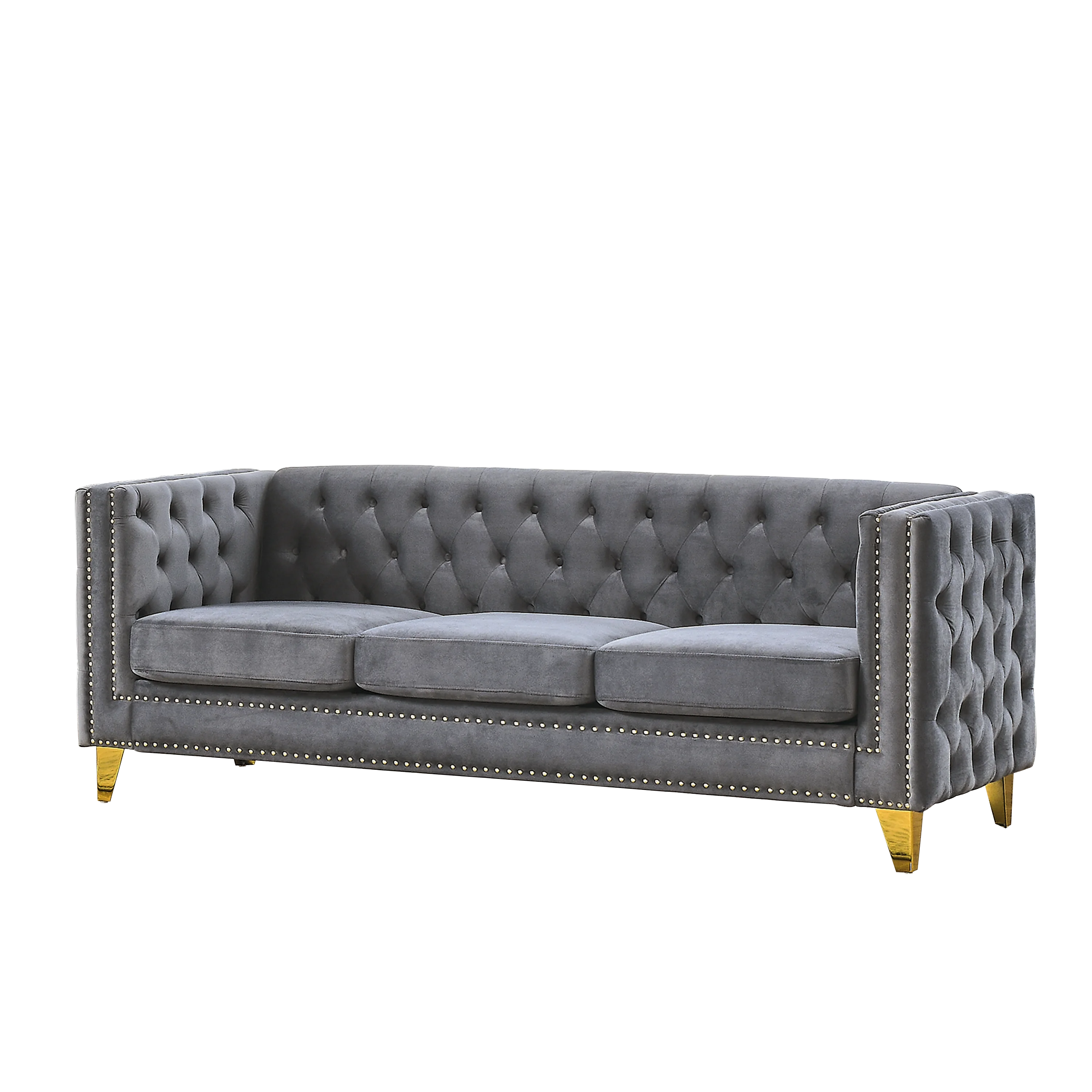 Velvet Sofa Set for Living Room Buttons Tufted Square Arm Modular Couch Modern Upholstered with Wood Legs