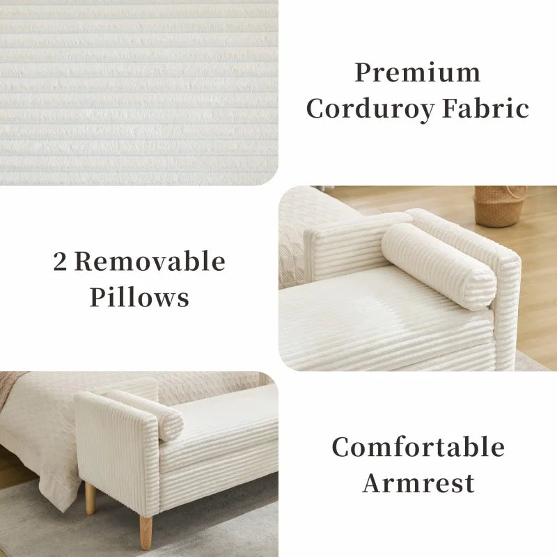 M Hot Sale King Size End of Bed Storage Bench Upholstered Long Corduroy Window Bench Seat with Arms & Pillows for Bedroom