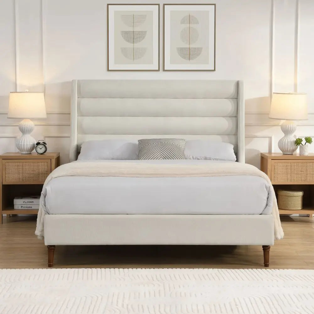Customized Easy Installation Beige High Density Sponge King  Queen Size Double Bed Frame Manufacturer