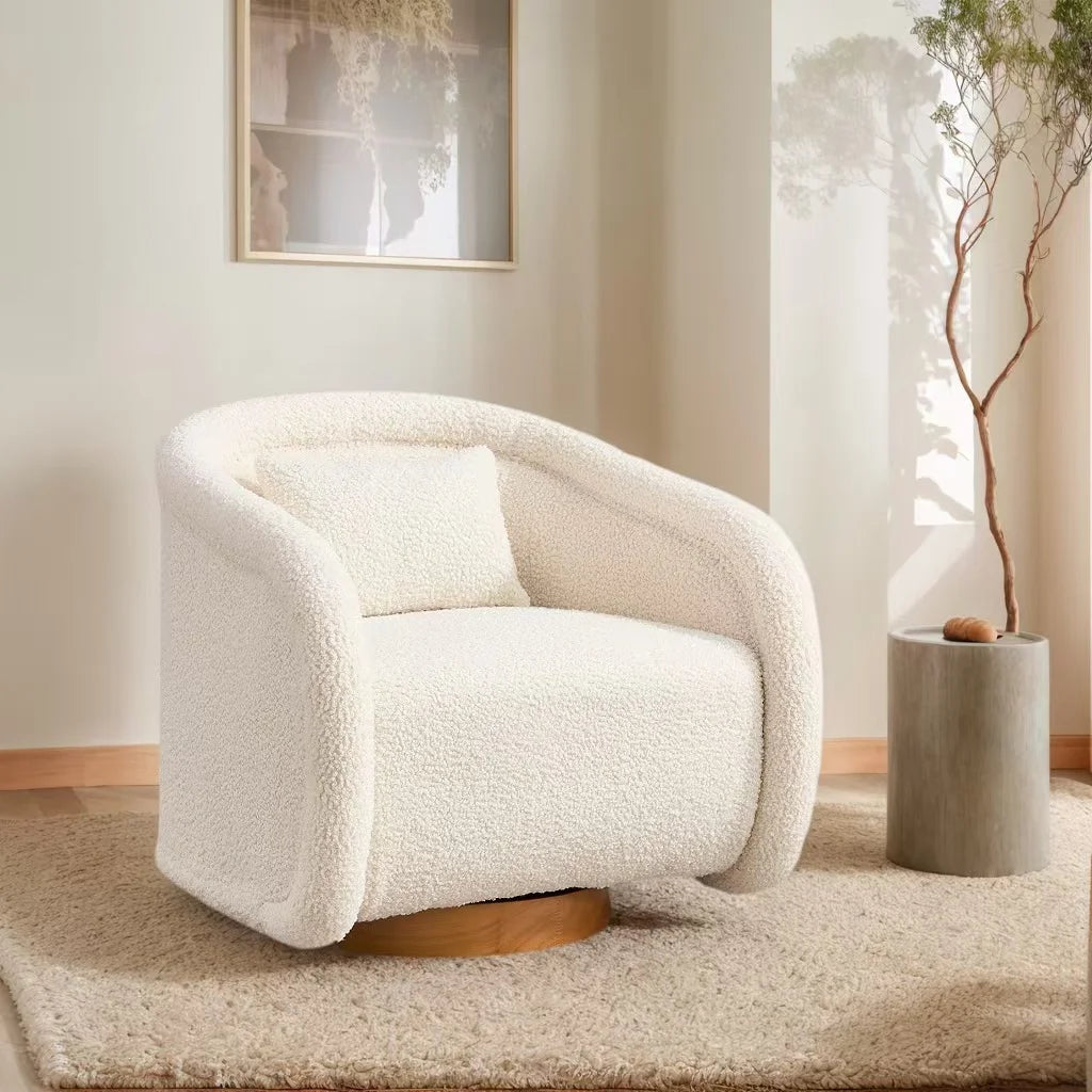 Simple Design Beige Teddy Decor Round Swivel Barrel Accent Arm Chair with Wooden Base for Living Room