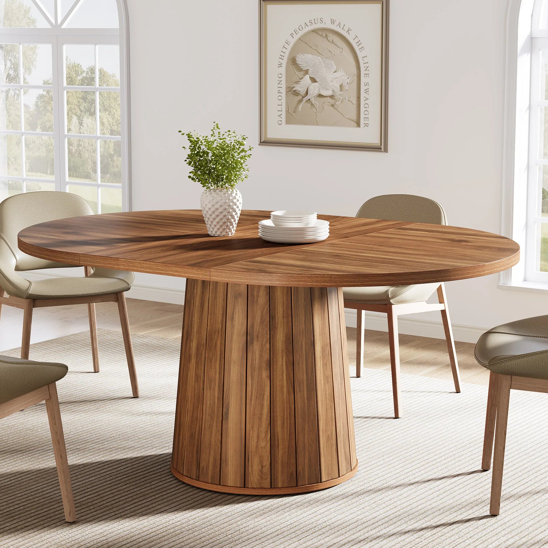 55" Oval Dining Table for 6, Farmhouse Table with Sturdy Pedestal Base for Family Gatherings in Kitchen & Dining Room