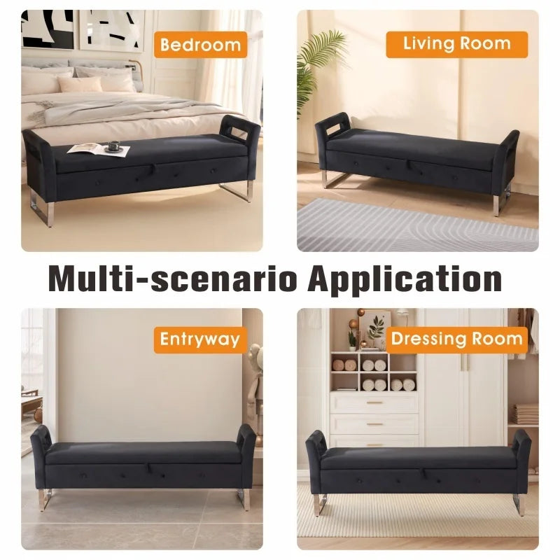 SZ 67.91"Wide Velvet Storage Soft Bench Ottoman with Armrests for Entryway and Bedroom