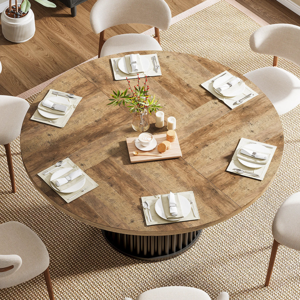 Tribesigns 47 Inch Round Dining Table With Fluted Base for 4 6 Modern Farmhouse in Brown Black for Kitchen Living Room