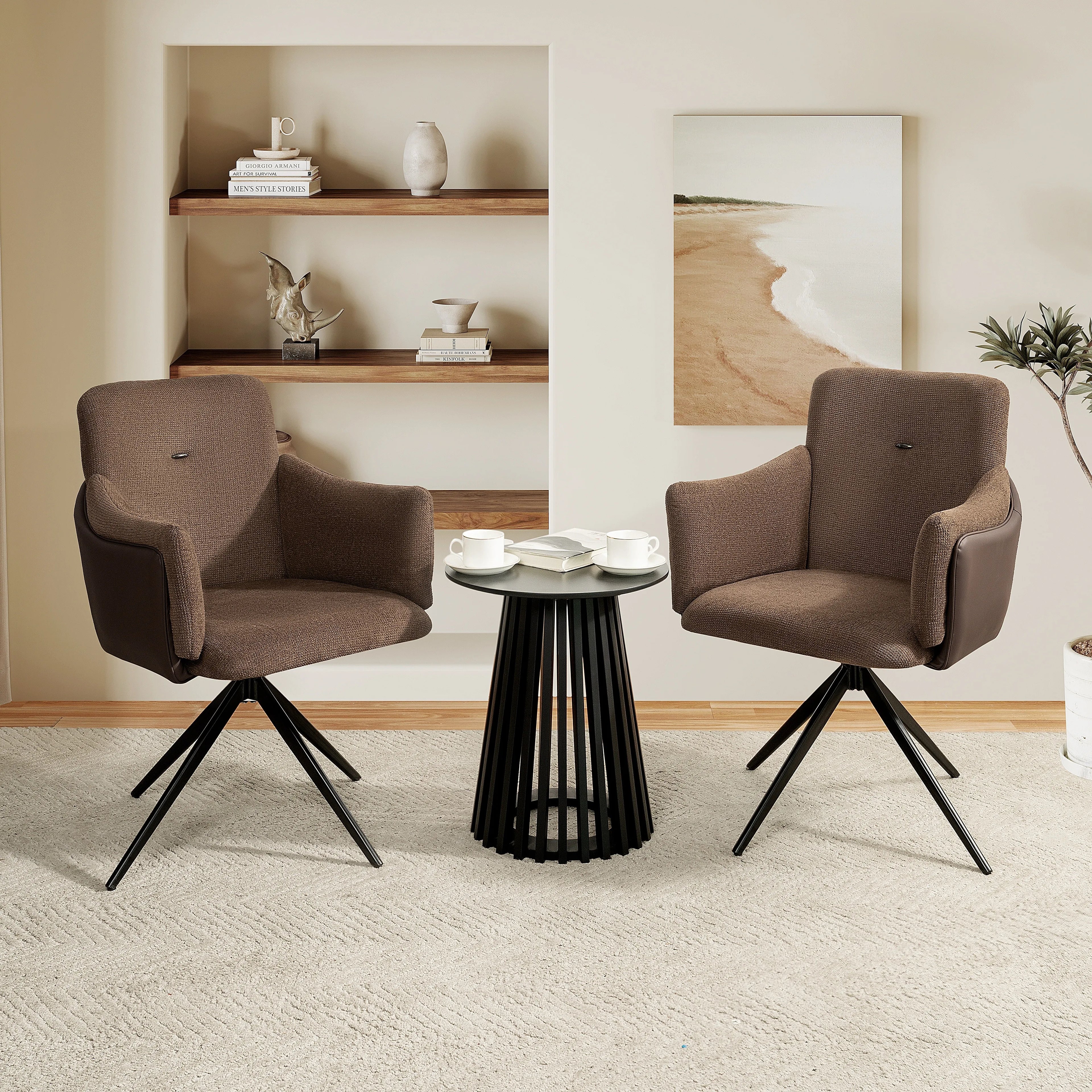 Modern 360 Swivel Home Office Desk Chairs Set of 2 Dining Chairs with Arm Upholstered Bedroom Chairs Metal Base Eco-Friendly