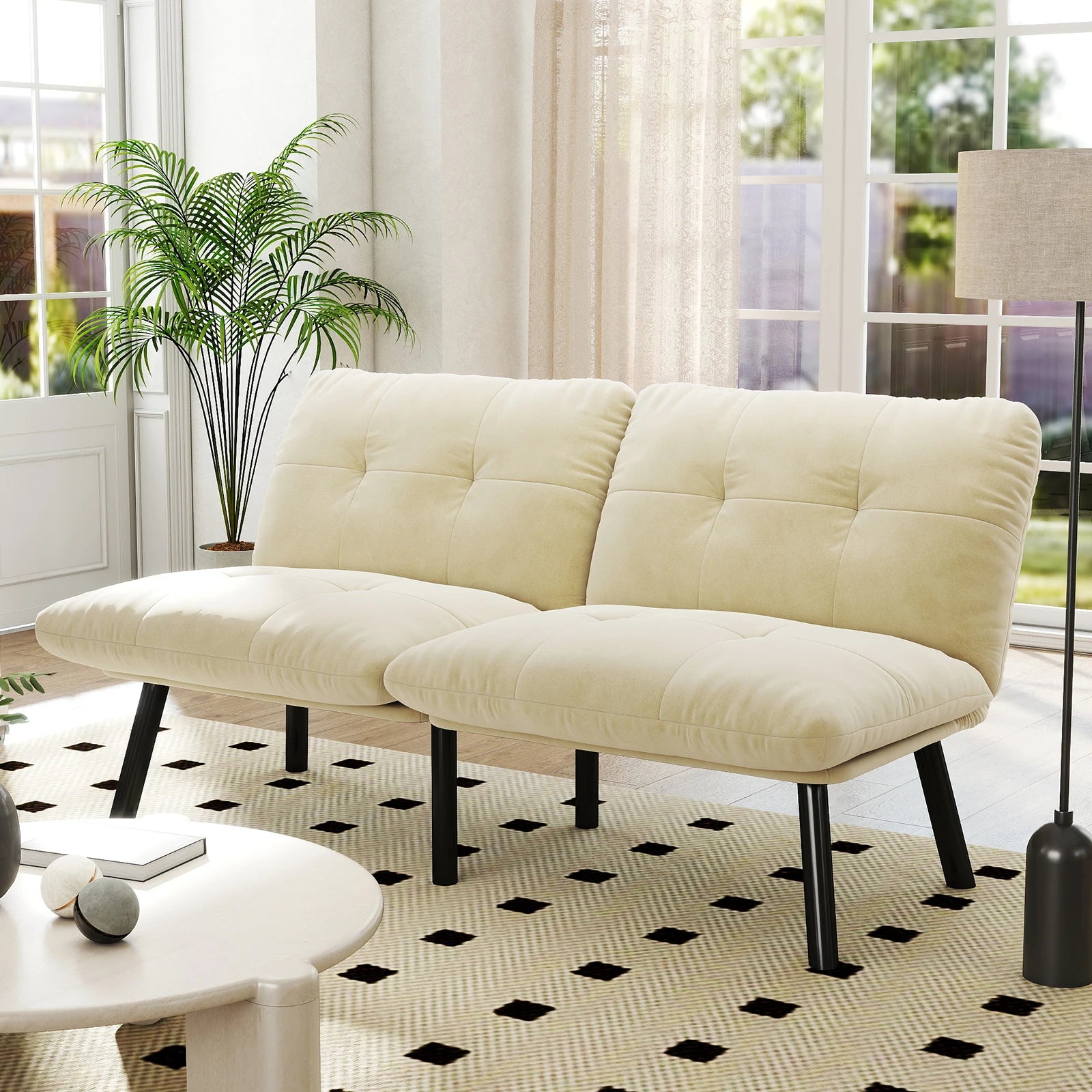 Cream Convertible Folding Modern Sofa Bed - Multi-Functional Space-Saving Lounge Couch for Living Room