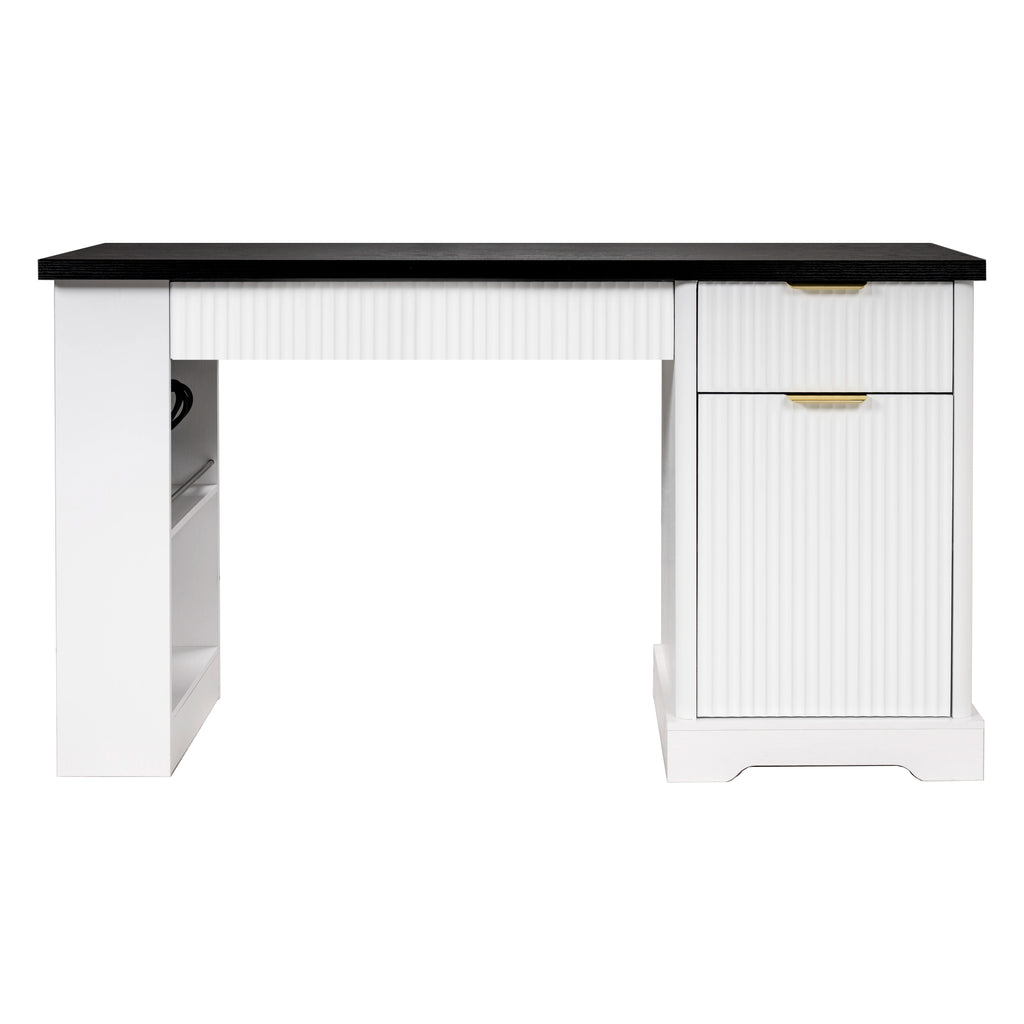 55" Modern Fluted MDF Office Desk Storage Cabinet Drawers Eco-Friendly Durable Power Outlet Built-in Shelves Keyboard Tray Home