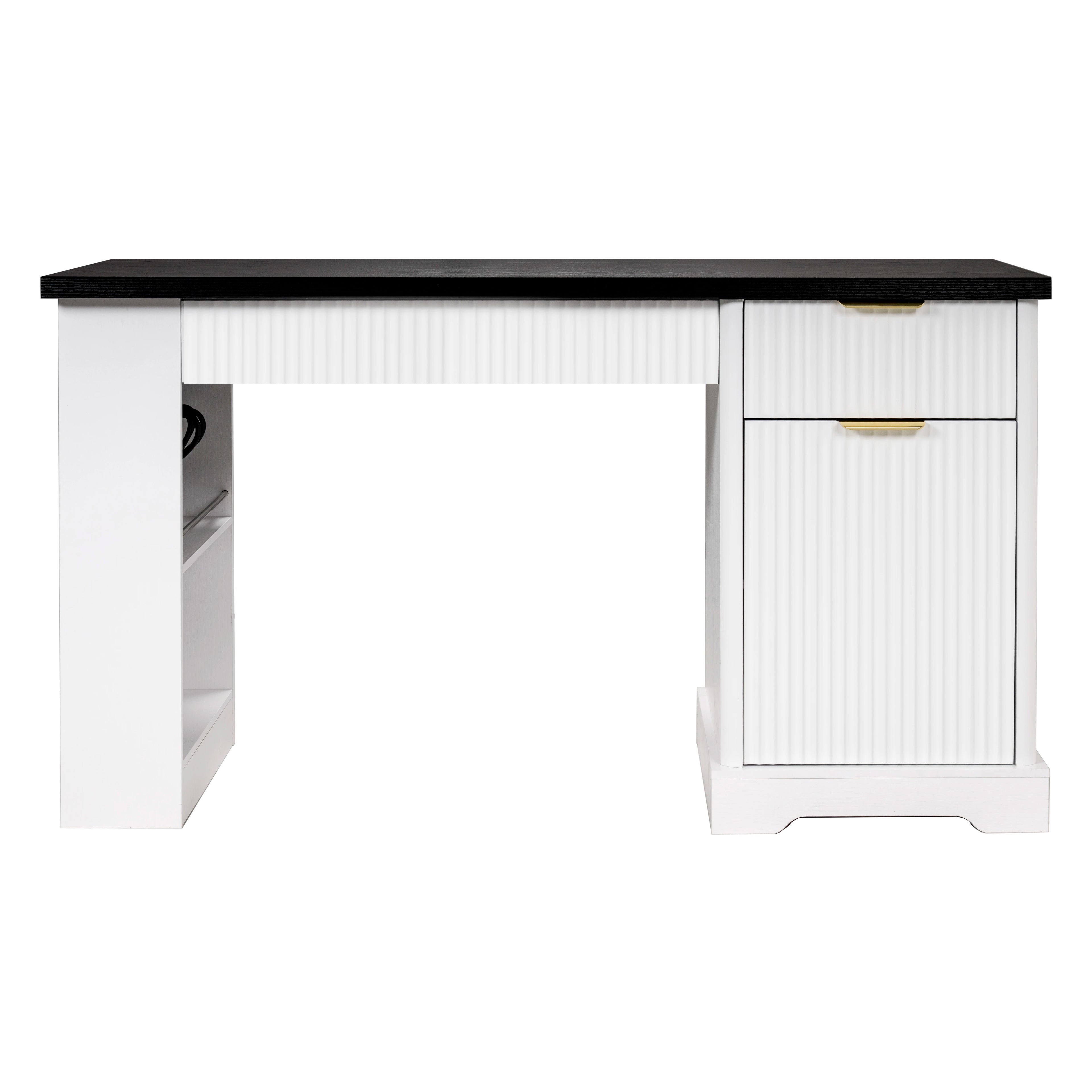 55" Modern Fluted MDF Office Desk Storage Cabinet Drawers Eco-Friendly Durable Power Outlet Built-in Shelves Keyboard Tray Home