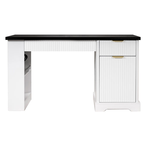 55" Modern Fluted MDF Office Desk Storage Cabinet Drawers Eco-Friendly Durable Power Outlet Built-in Shelves Keyboard Tray Home