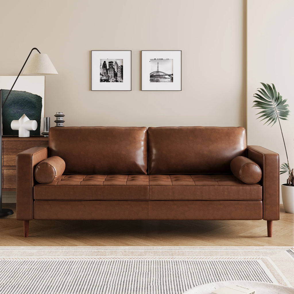 Mirod Mid- Modern PU Leather 3-Seat Sofa Tufted Design Solid Wood Legs 2 Bolster Pillows Living Room Home Office