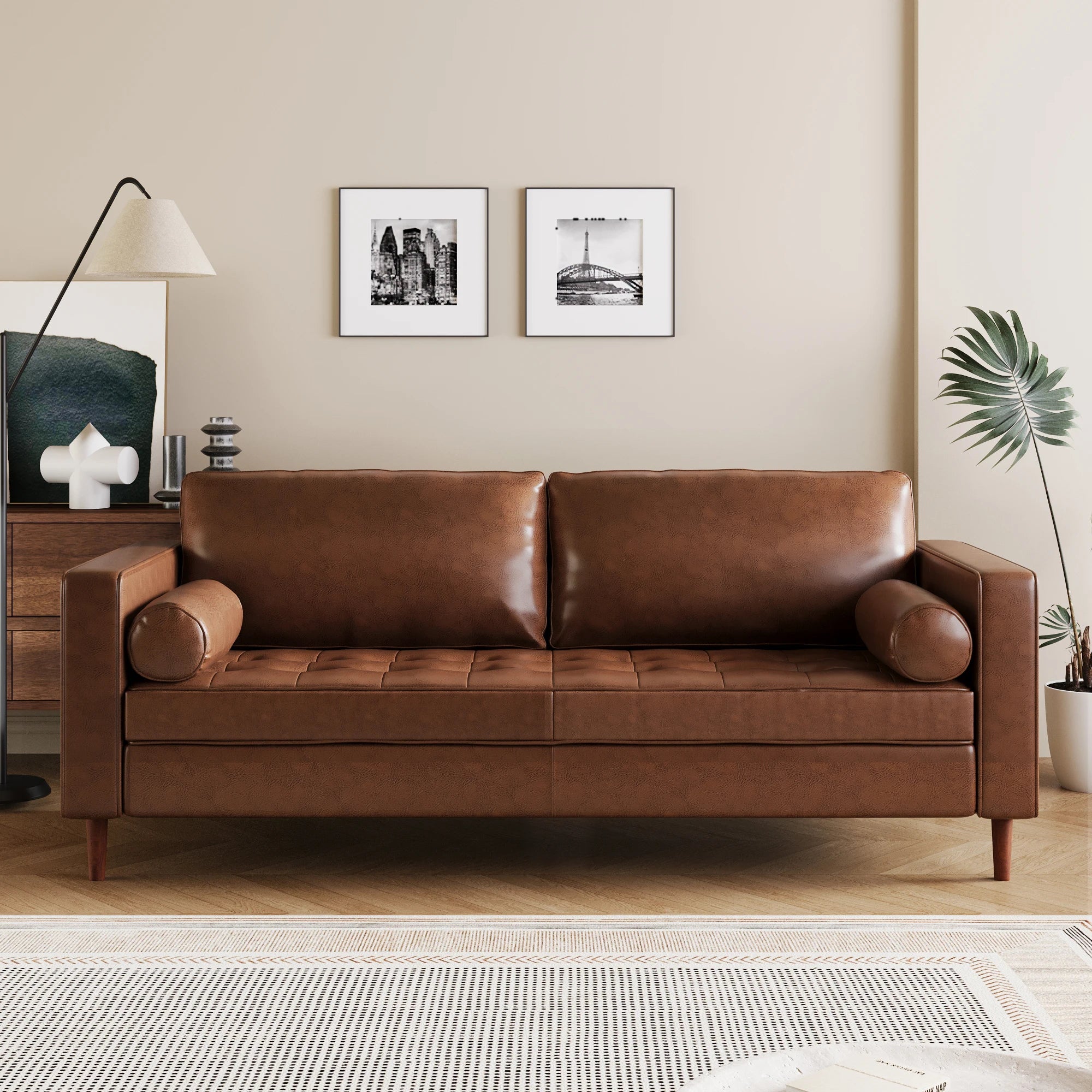 Mirod Mid- Modern PU Leather 3-Seat Sofa Tufted Design Solid Wood Legs 2 Bolster Pillows Living Room Home Office