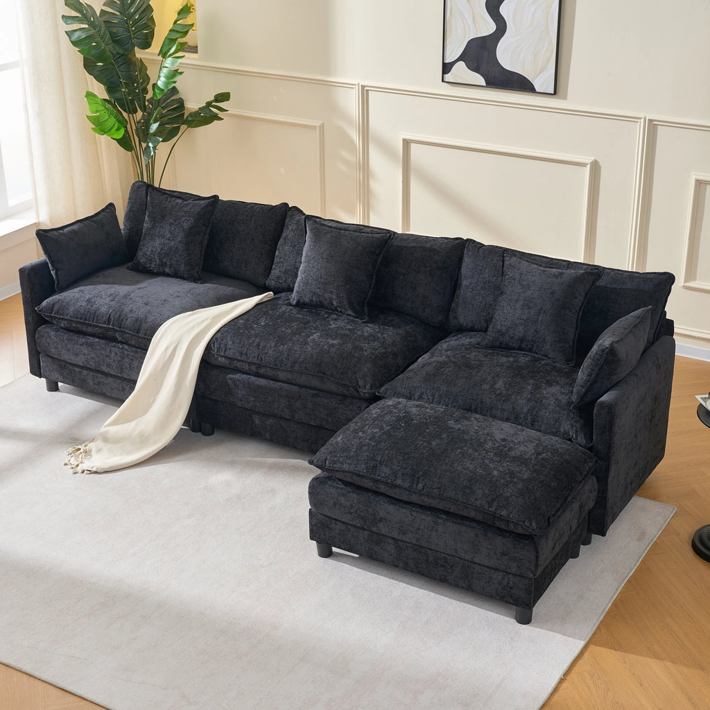 Black Chenille Fabric L-Shaped Modern Convertible Modular Sectional Sofa Three Seat Soft Pillow Ottoman for Apartment Living