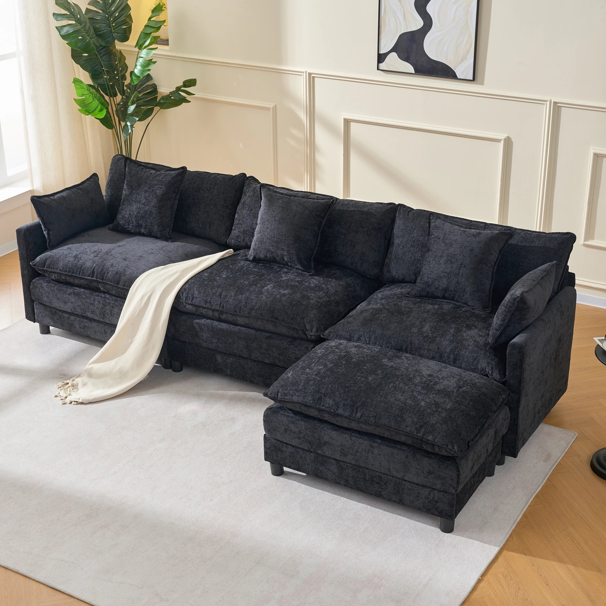 Black Chenille Fabric L-Shaped Modern Convertible Modular Sectional Sofa Three Seat Soft Pillow Ottoman for Apartment Living