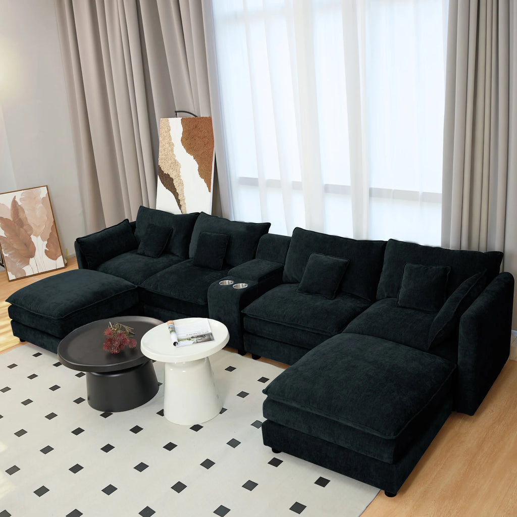 U Shaped Convertible Modular Sectional Sofa Set 144" Comfy Fluffy Chenille 6 Seat Living Room Ottoman