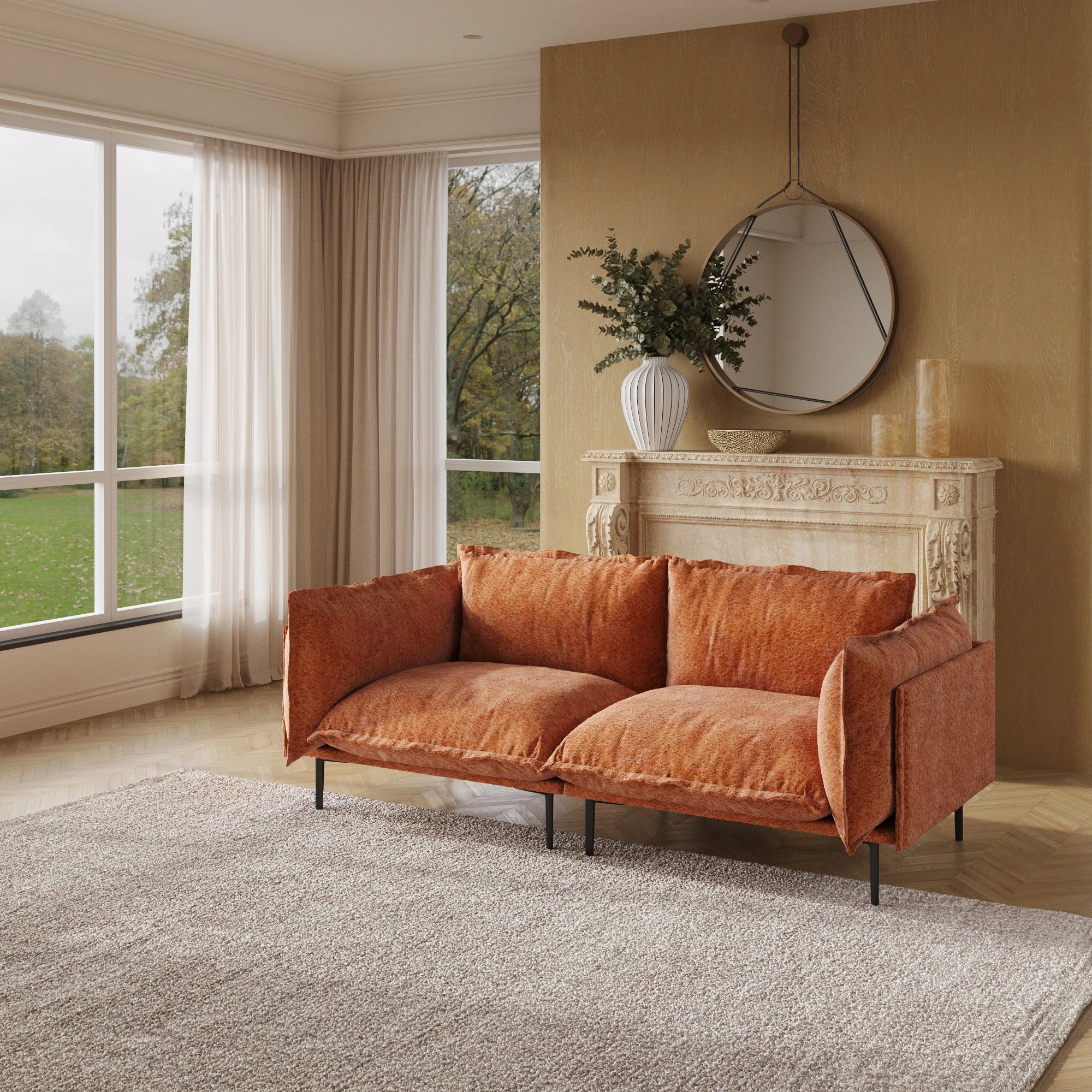 VOXHOME US Drop Shipping Modern Apartment Living Room Furniture 2 3 4 5 Seater Orange Velvet Modular Sectional Couch Sofa Set
