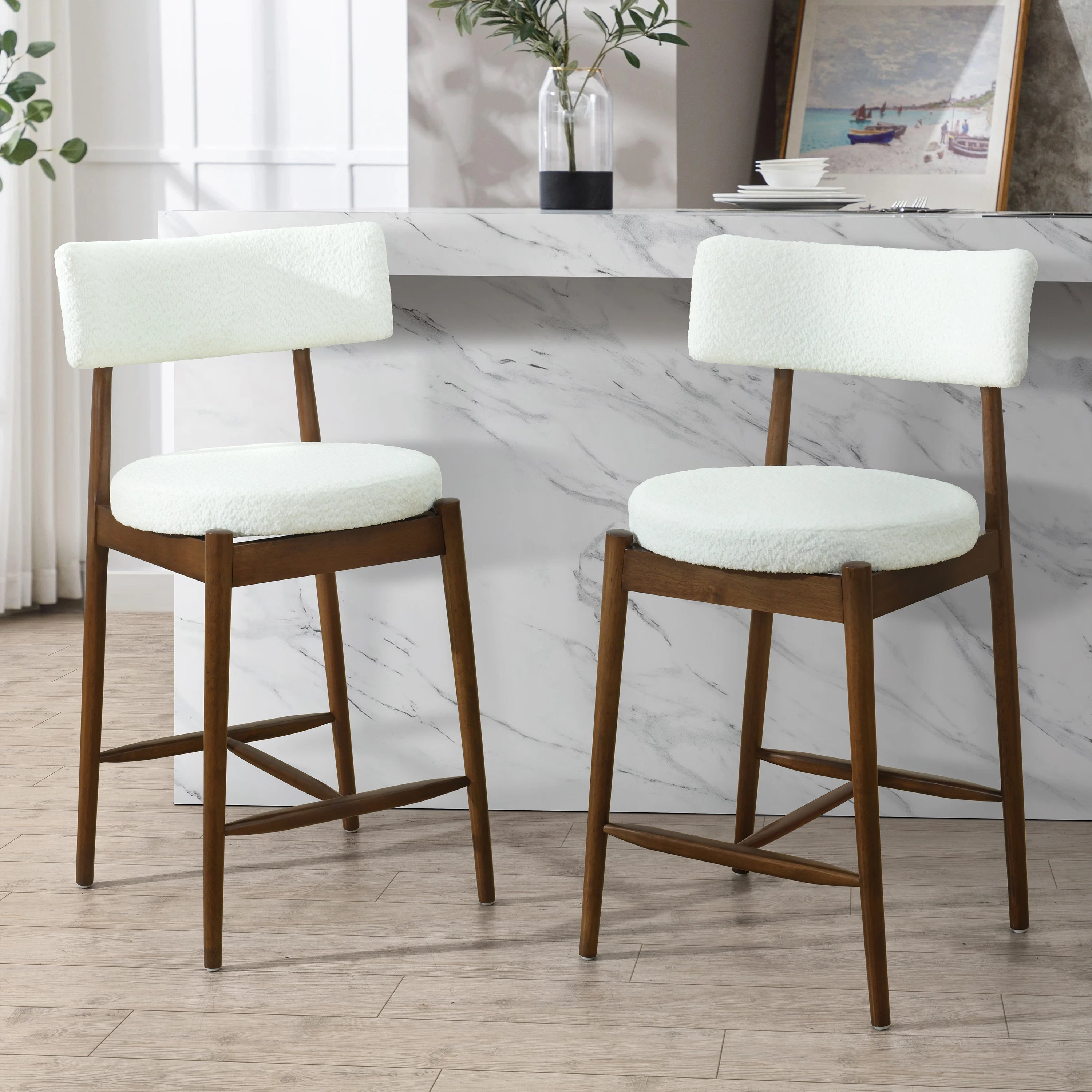 Modern Walnut Counter Stools Set of 2 High Chairs with Backrests for Kitchen Island Breakfast Nook Home Dining Bar Outdoor Use