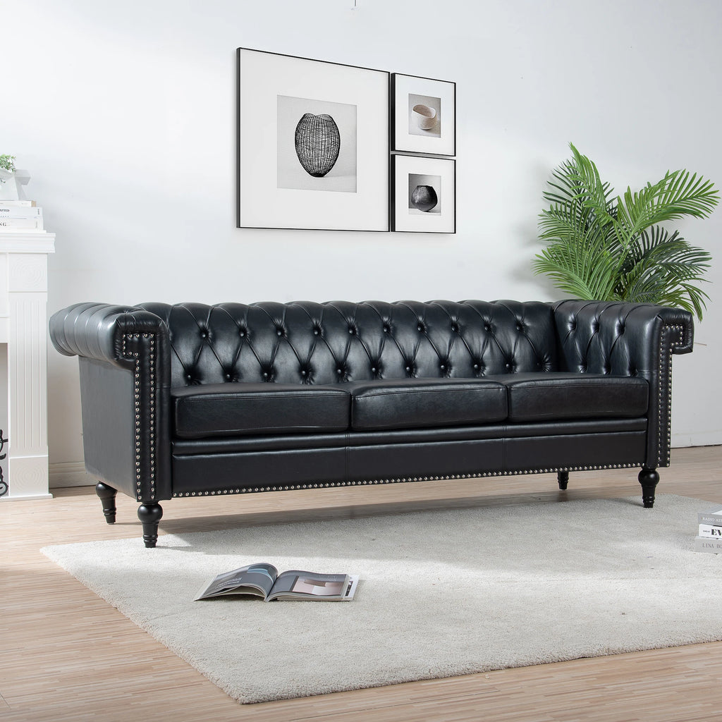 Vintage Black Tufted Genuine Leather Sofa Couch Luxury Living Room Chesterfield 3 Seat Set Convertible Hotel Lobby Furniture