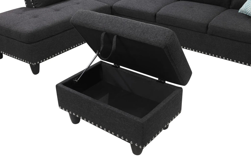 98" Wide Three Seat Left Hand Facing L-Shaped Corner Sectional Sofa Storage Ottoman Eco-Friendly Durable Linen Upholstery Sofa
