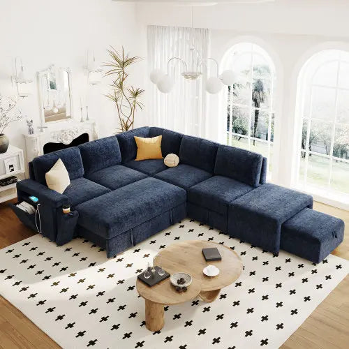 OE HOME Modern L-shaped Chenille Padded Modular Sofa with Storage USB Ports & Cup Holders for Living Rooms