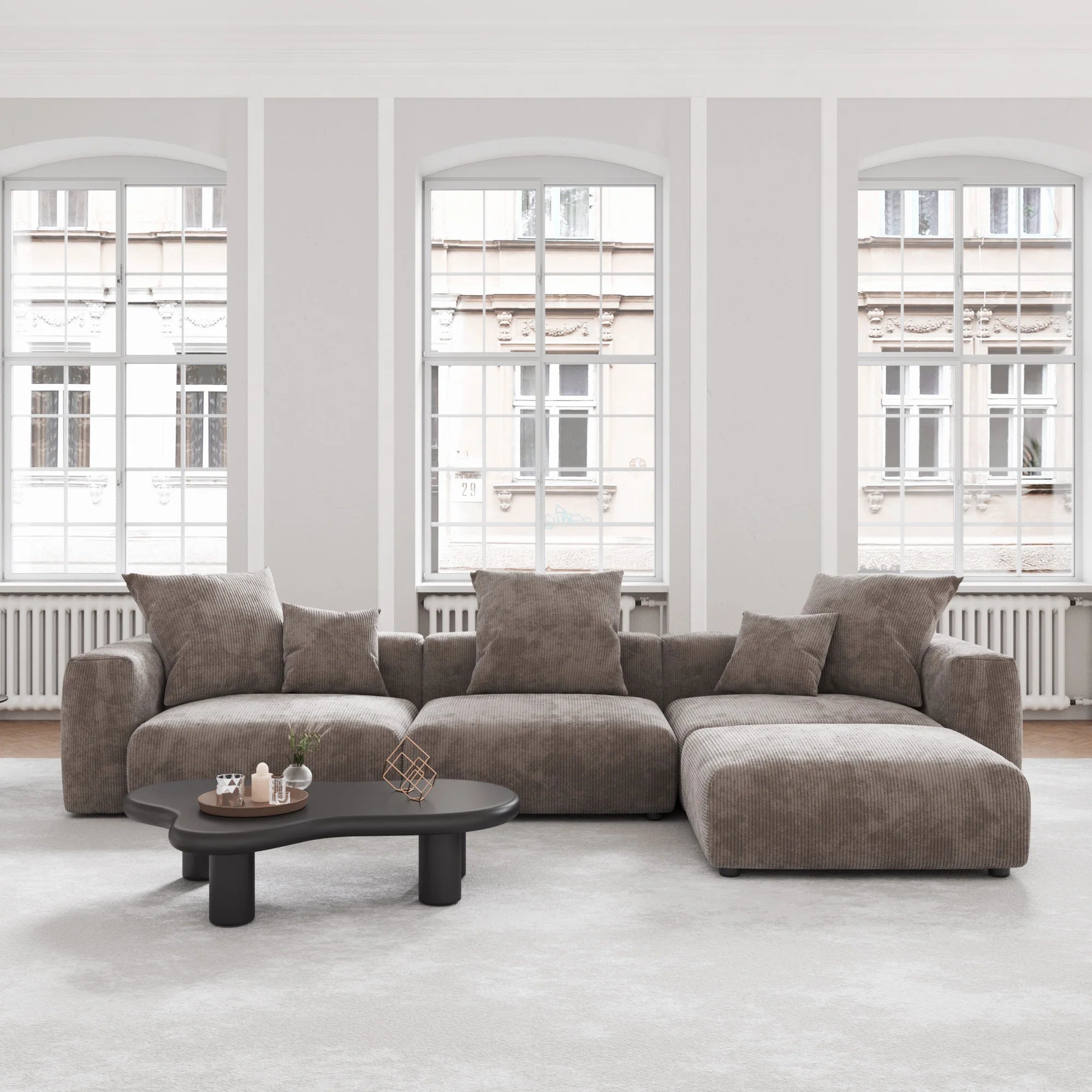 VOXHOME US Drop Shipping Living Room Furniture Nordic Vacuum Compress Brown 3 Seater Corduroy  Modular Sectional Sofa Couch Set