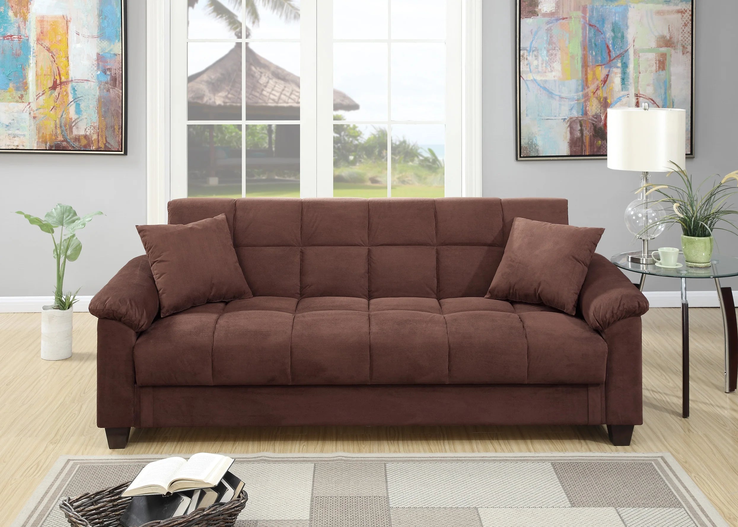 Living Room Adjustable Sofa Chocolate Color Microfiber Plush Storage Couch 1pc Futon Sofa w Pillows